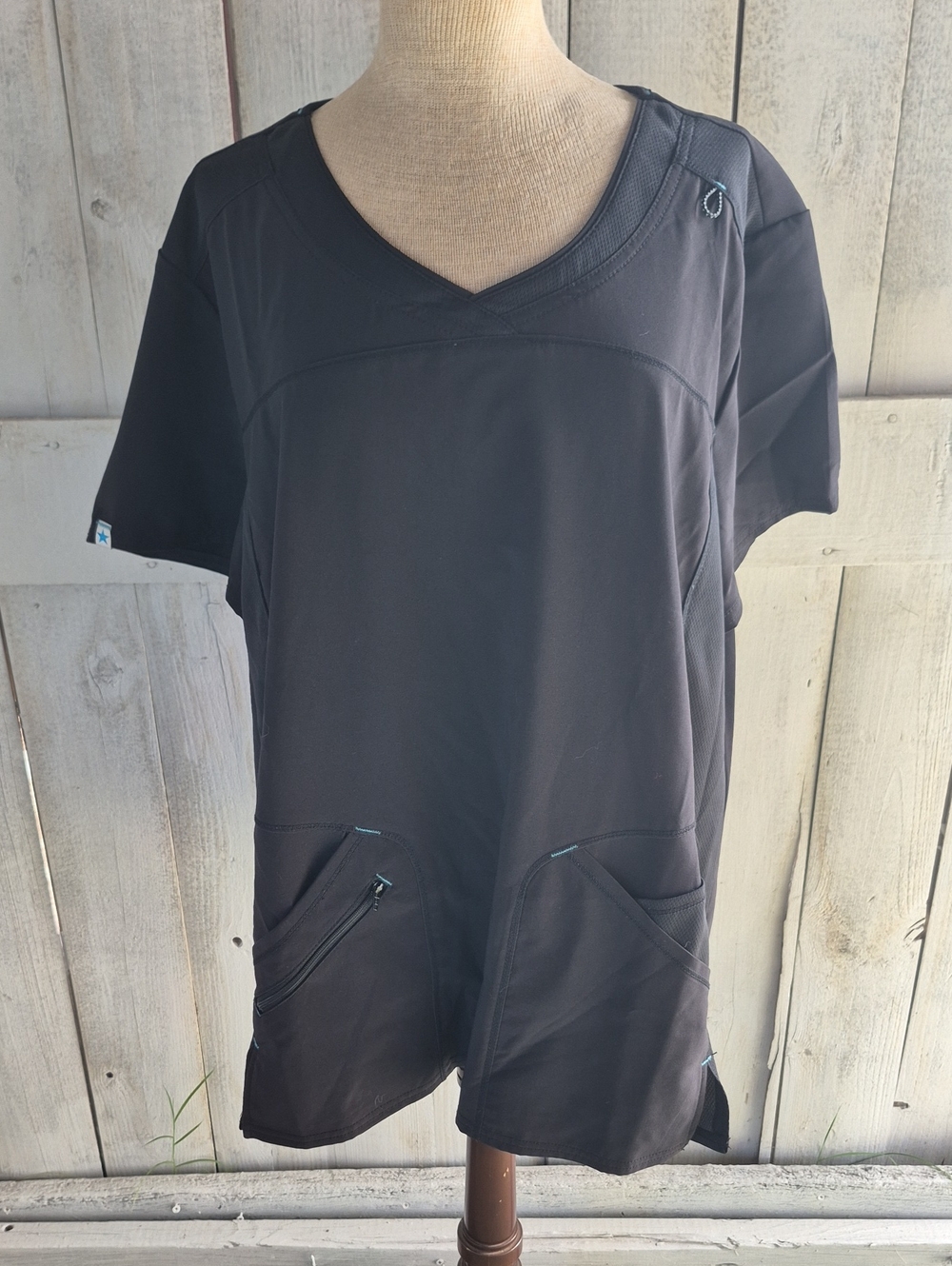 Scrubstar Black V-Neck Short Sleeve Scrub Top with Zip Pockets and Ring Detail